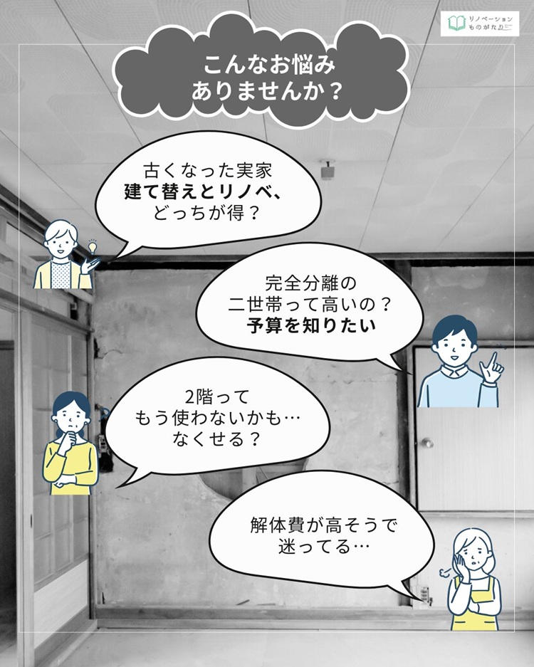 実家リノベーションに関するよくあるお悩みの吹き出しイラスト画像
