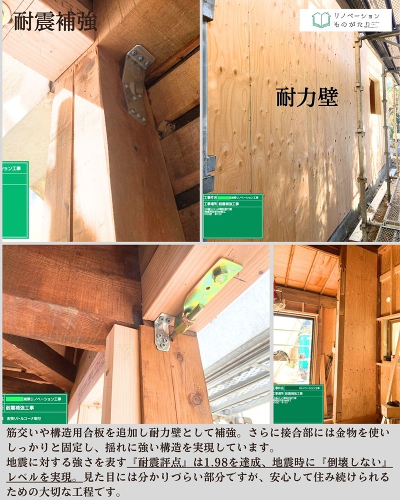 筋交いや金具で耐力壁を補強する工事の様子。耐震評点1.98を目指す重要な工程。