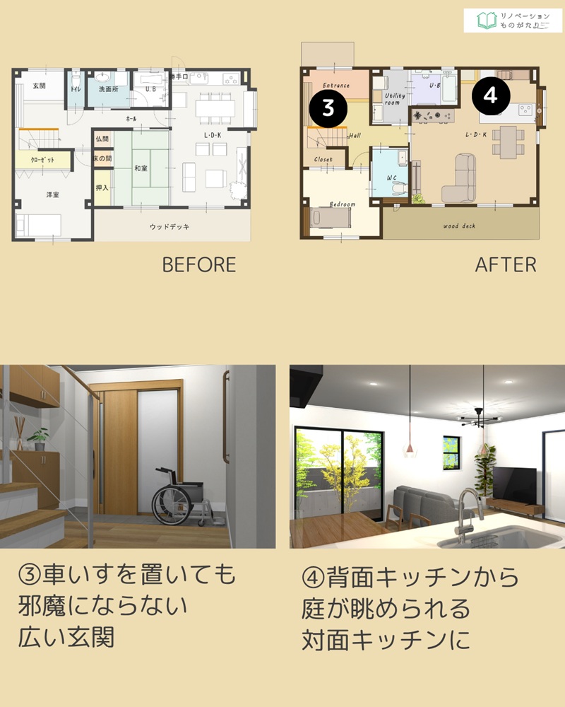 広い玄関や庭が見える対面キッチンなど、介護に配慮した住まいの工夫を紹介したリノベ事例。