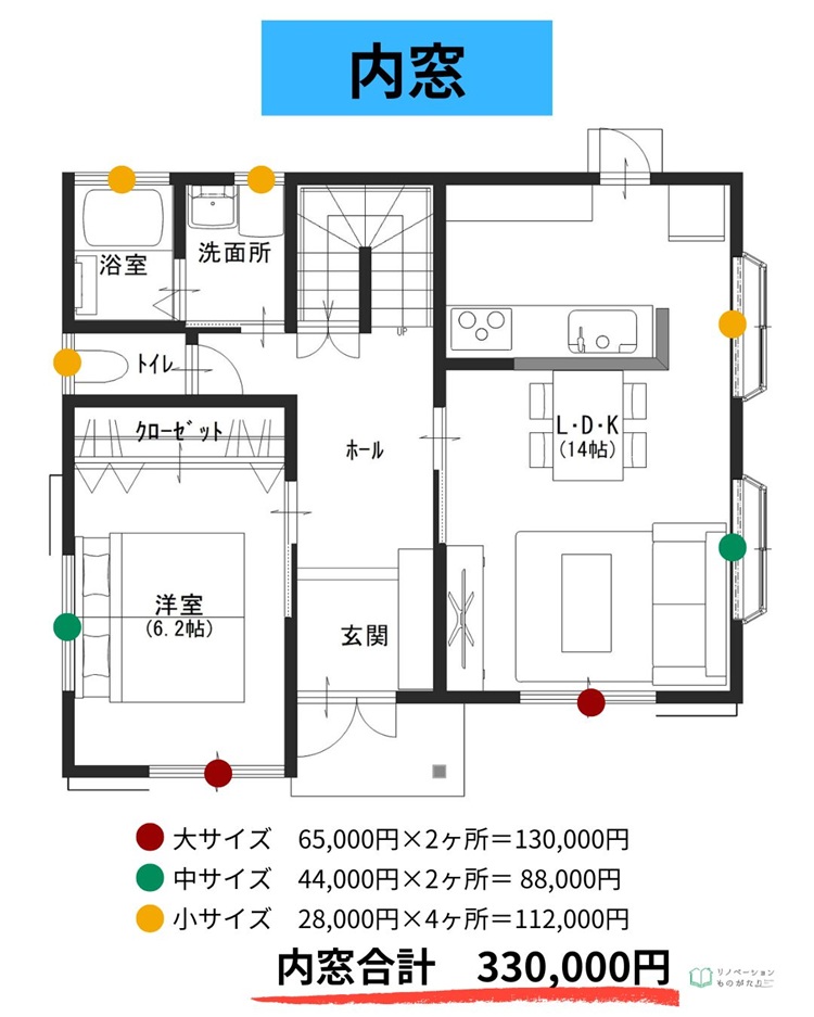 1階全体の窓8ヶ所に内窓を取り付けた様子。補助金額は33万円