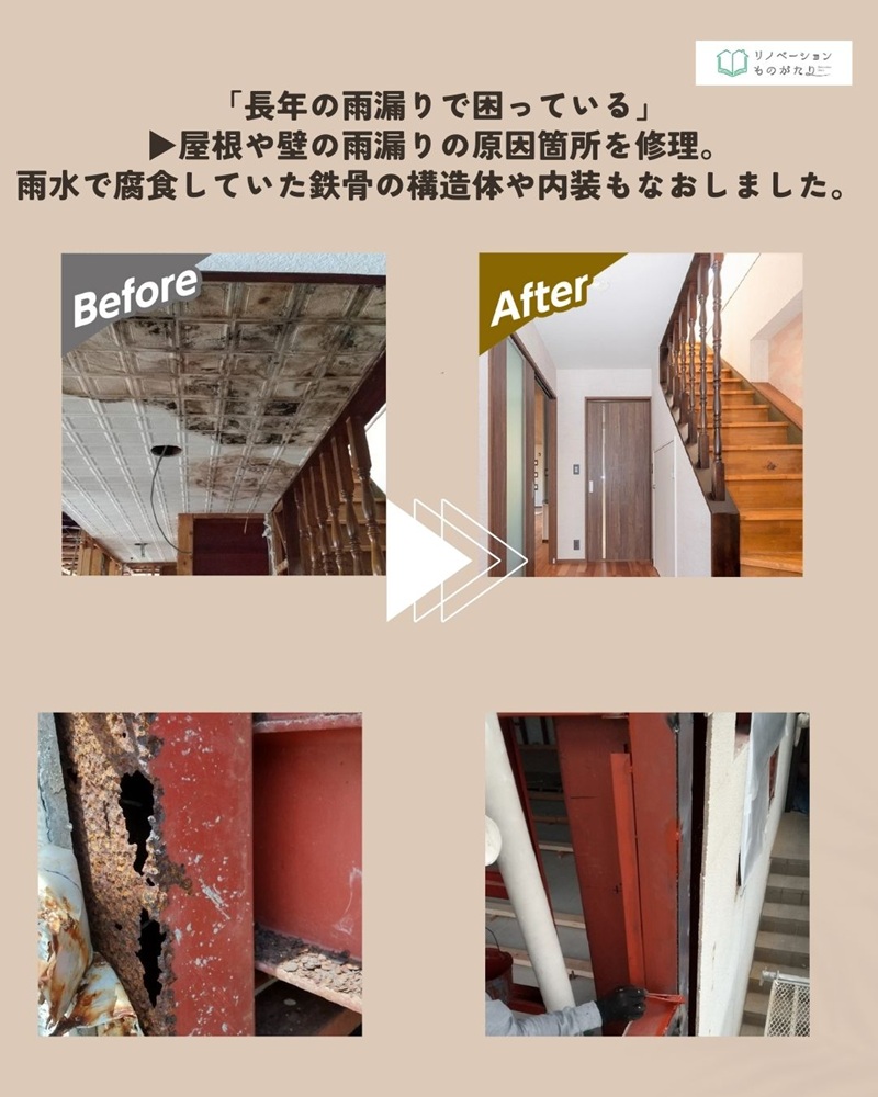 雨漏りによる鉄骨の劣化補修中の現場写真。構造補修の様子。