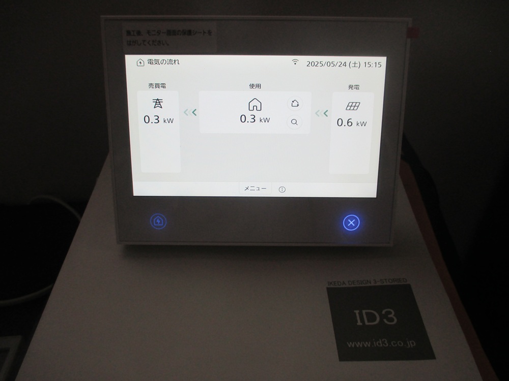 アイセグ3モニターで太陽光発電量、売電量、使用量を確認している画面。