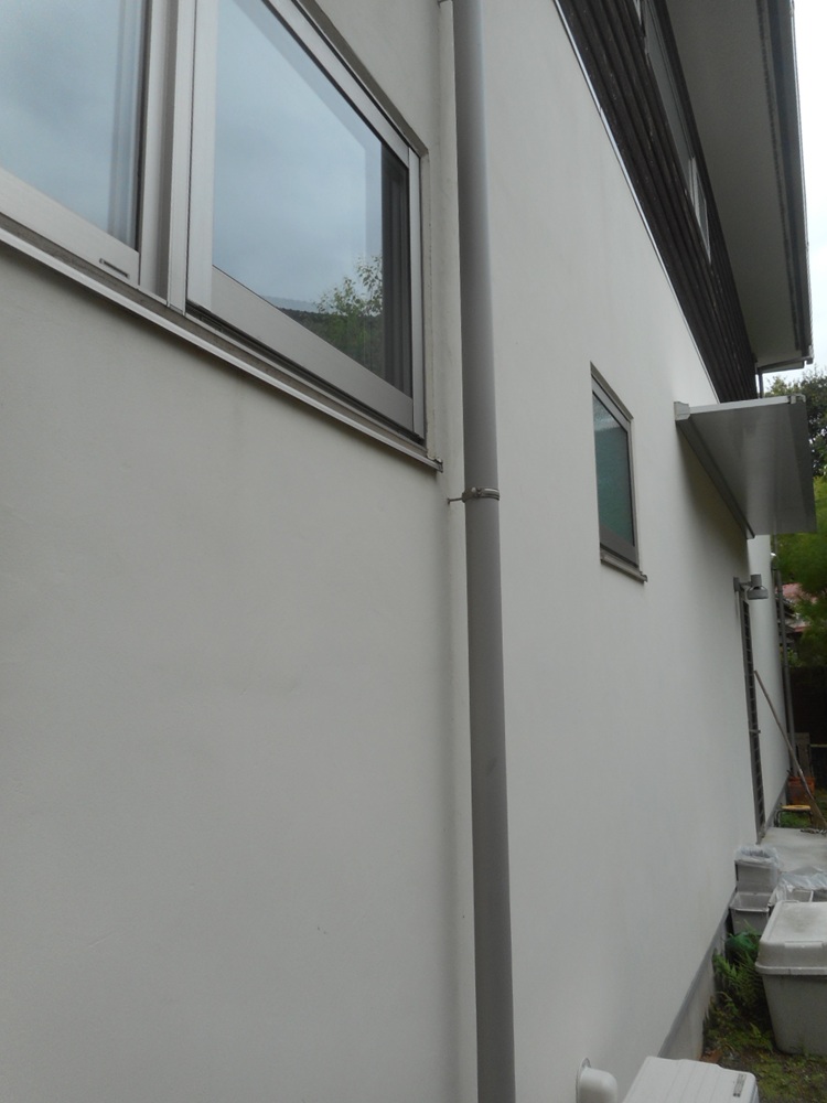 外壁と雨樋の状態を点検している様子