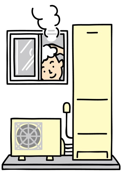 ヒートポンプ給湯機(エコキュート)の屋外機とタンク、窓から顔を出す人物のイラスト