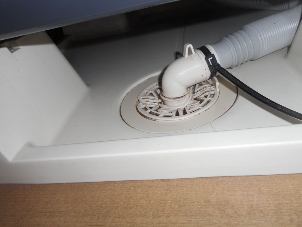 洗濯機パンの排水口を点検している様子