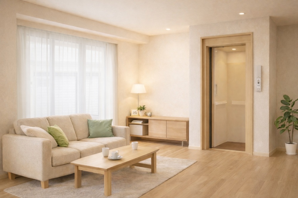 ホームエレベーターのあるやさしい色合いのリビング空間イメージ。白いレースカーテン越しの光が入る、親世帯にも子世帯にも安心な実家リノベーションの暮らしを表現した室内写真。