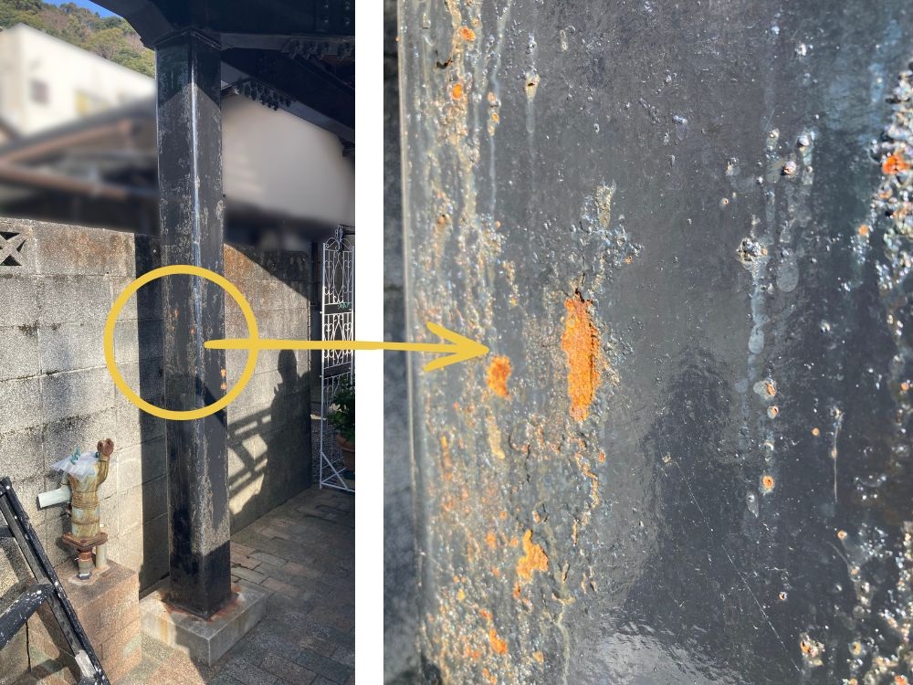 他社で建築された鉄骨造住宅の鉄骨柱補修前。柱全体の状態とさびの様子がわかる写真