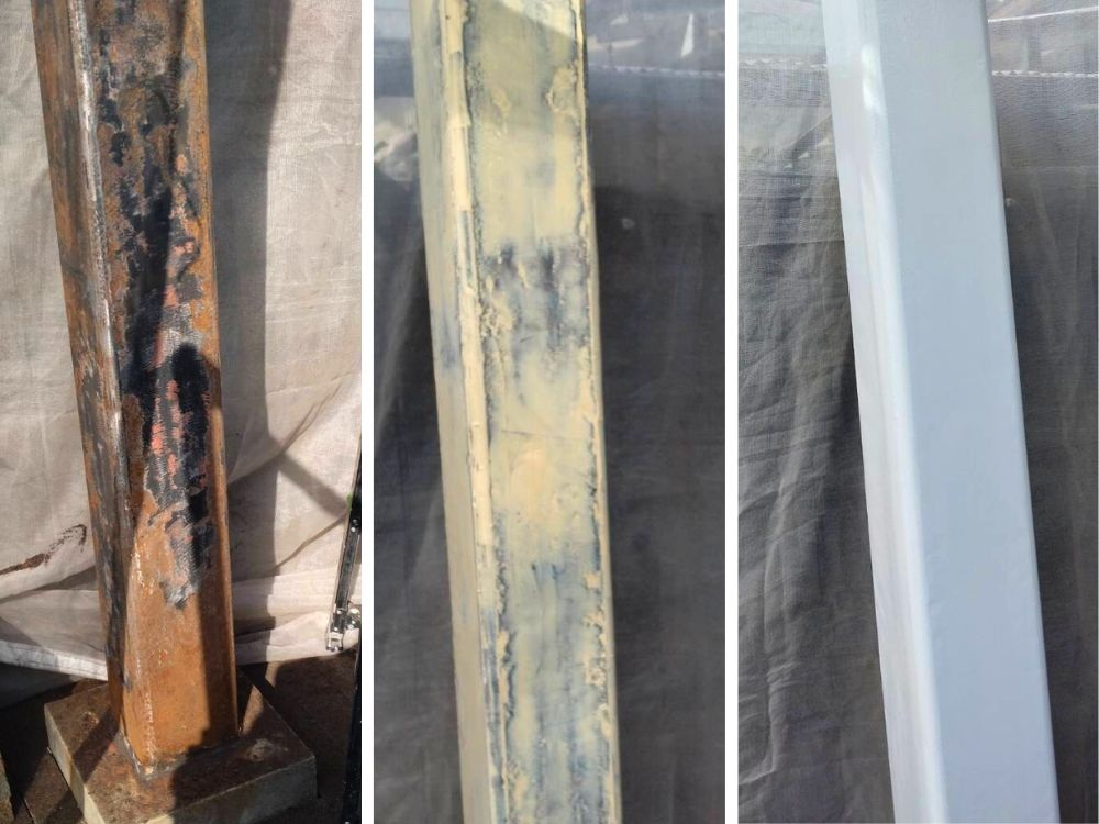 鉄骨柱のさび補修工事。さび落とし、下地調整、さび止めまでの工程がわかる写真